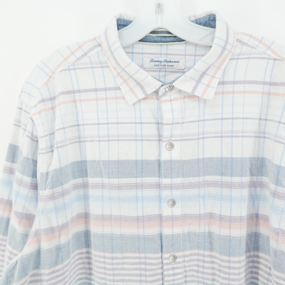 Tommy Bahama Coastline Cord Shirt Mens XL Blue Plaid Micro Corduroy Long Sleeve